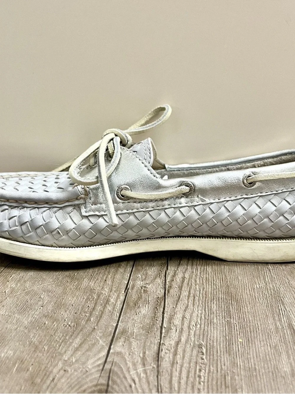Sperry Silver & Grey Woven Leather Boat Shoes - Picture 4 of 8